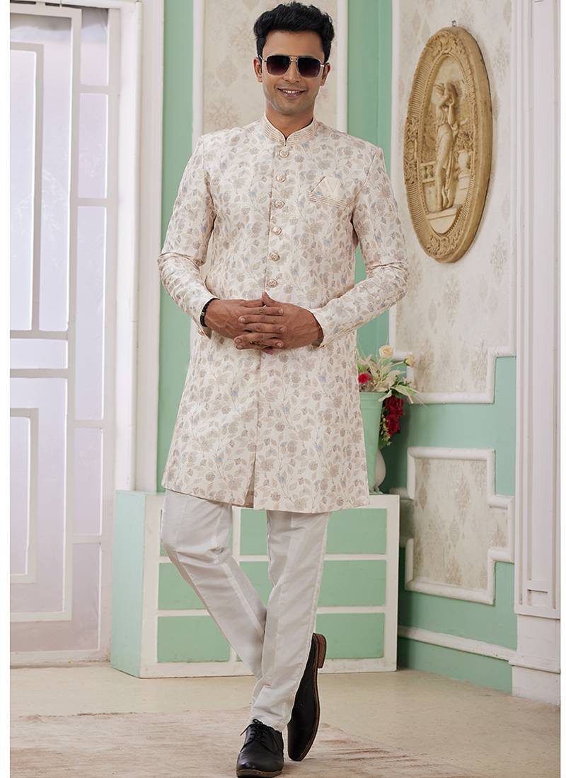 banarasi jacquard cream festival wear embroidery work readymade indo western