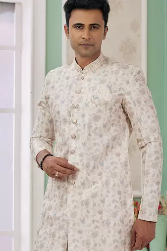banarasi jacquard cream festival wear embroidery work readymade indo western