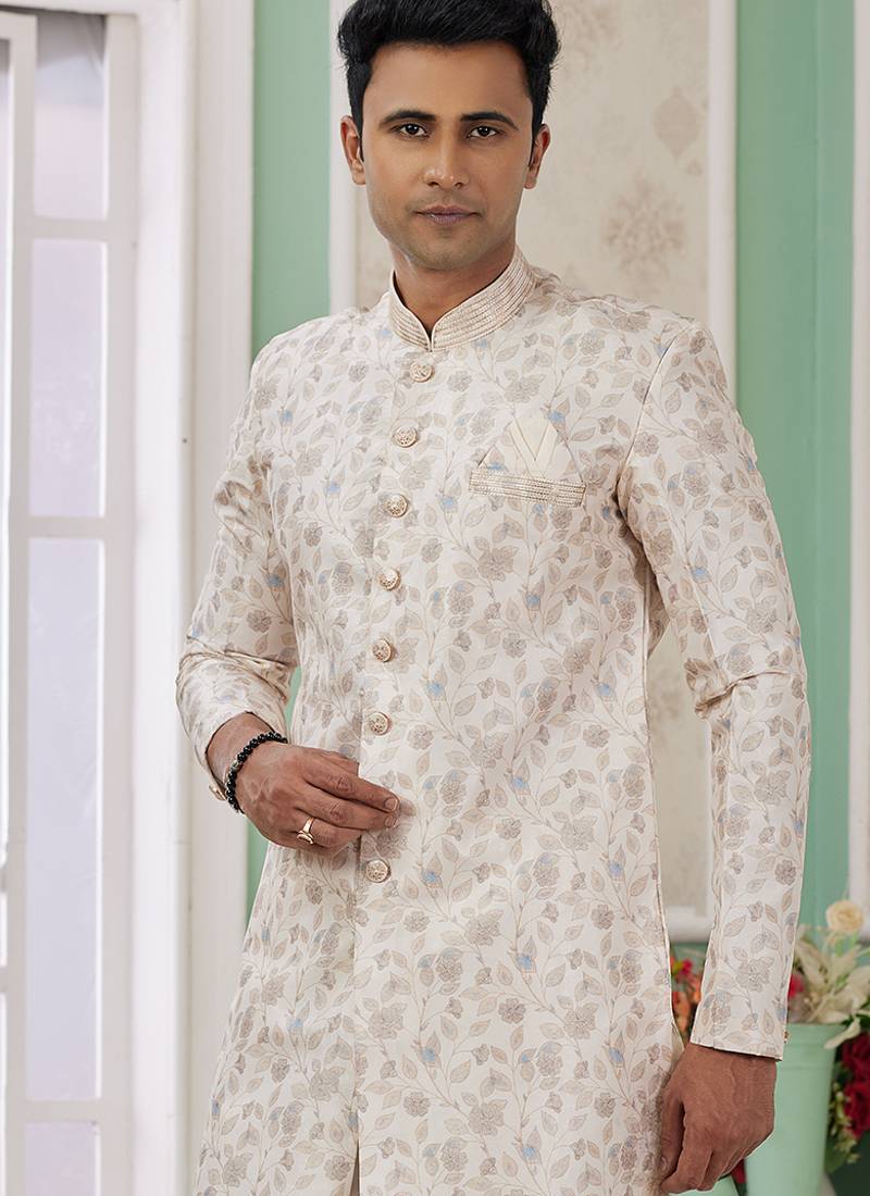 banarasi jacquard cream festival wear embroidery work readymade indo western