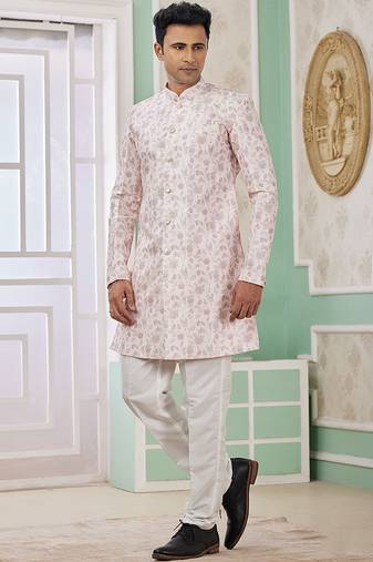 banarasi jacquard baby pink festival wear embroidery work readymade indo western