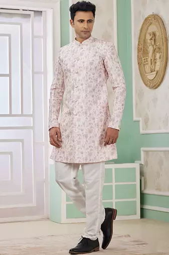 banarasi jacquard baby pink festival wear embroidery work readymade indo western