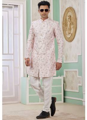 banarasi jacquard baby pink festival wear embroidery work readymade indo western 2