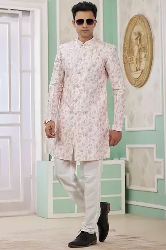 banarasi jacquard baby pink festival wear embroidery work readymade indo western