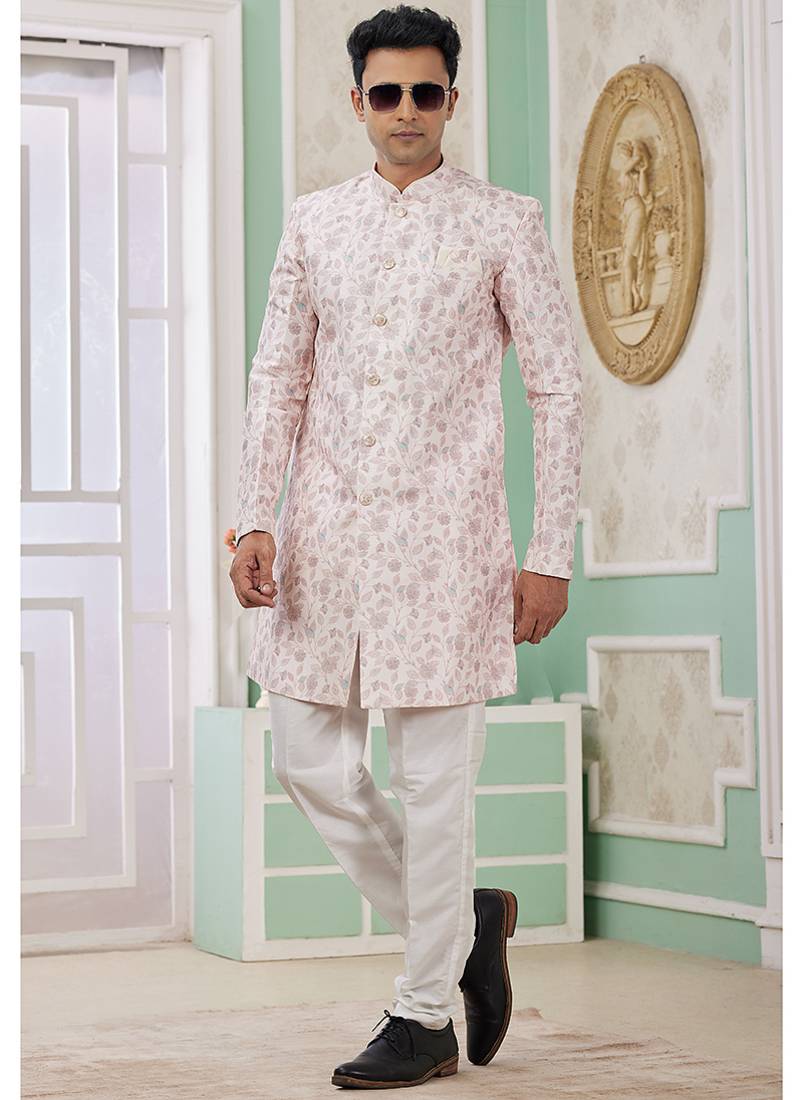 banarasi jacquard baby pink festival wear embroidery work readymade indo western