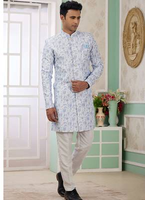 banarasi jacquard sky blue festival wear embroidery work readymade indo western 1