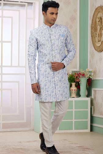 banarasi jacquard sky blue festival wear embroidery work readymade indo western