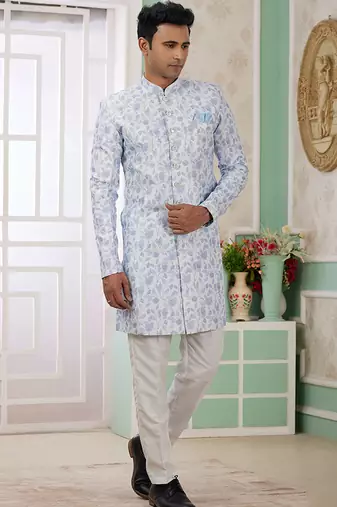 banarasi jacquard sky blue festival wear embroidery work readymade indo western