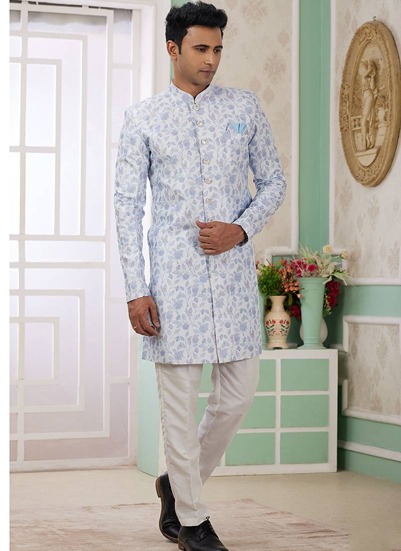 banarasi jacquard sky blue festival wear embroidery work readymade indo western