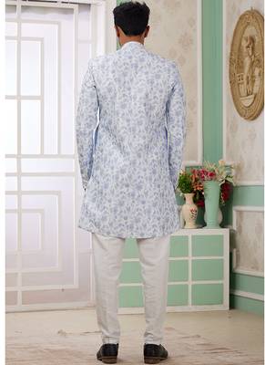 banarasi jacquard sky blue festival wear embroidery work readymade indo western 2