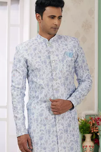 banarasi jacquard sky blue festival wear embroidery work readymade indo western