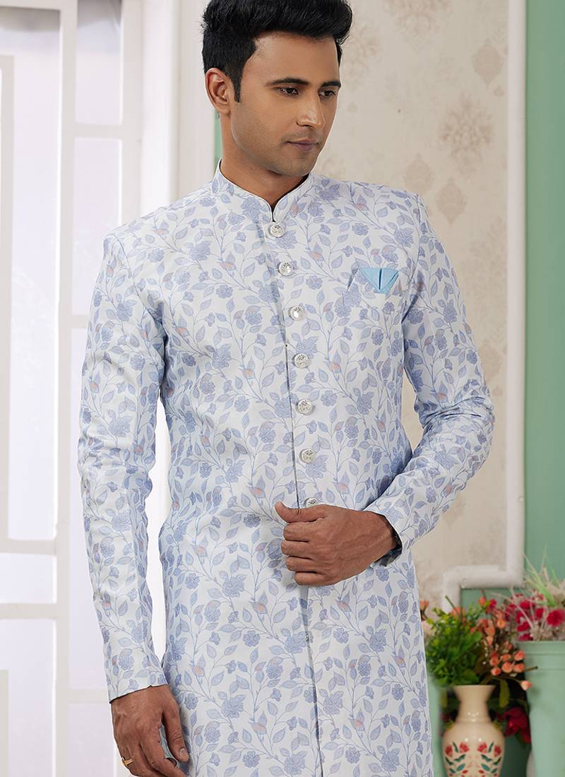 banarasi jacquard sky blue festival wear embroidery work readymade indo western