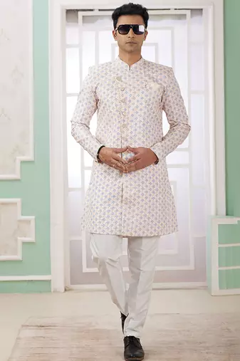 banarasi jacquard cream festival wear embroidery work readymade indo western