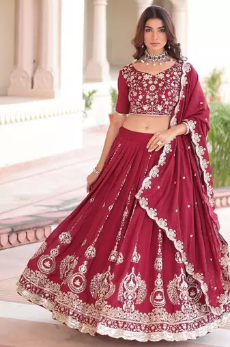 Maroon Vichitra Silk With Sequins Embroidered work lahenga choli and duptta