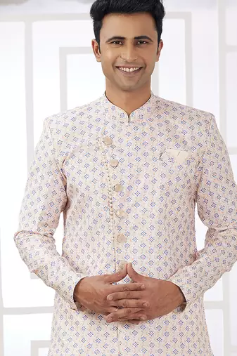 banarasi jacquard cream festival wear embroidery work readymade indo western