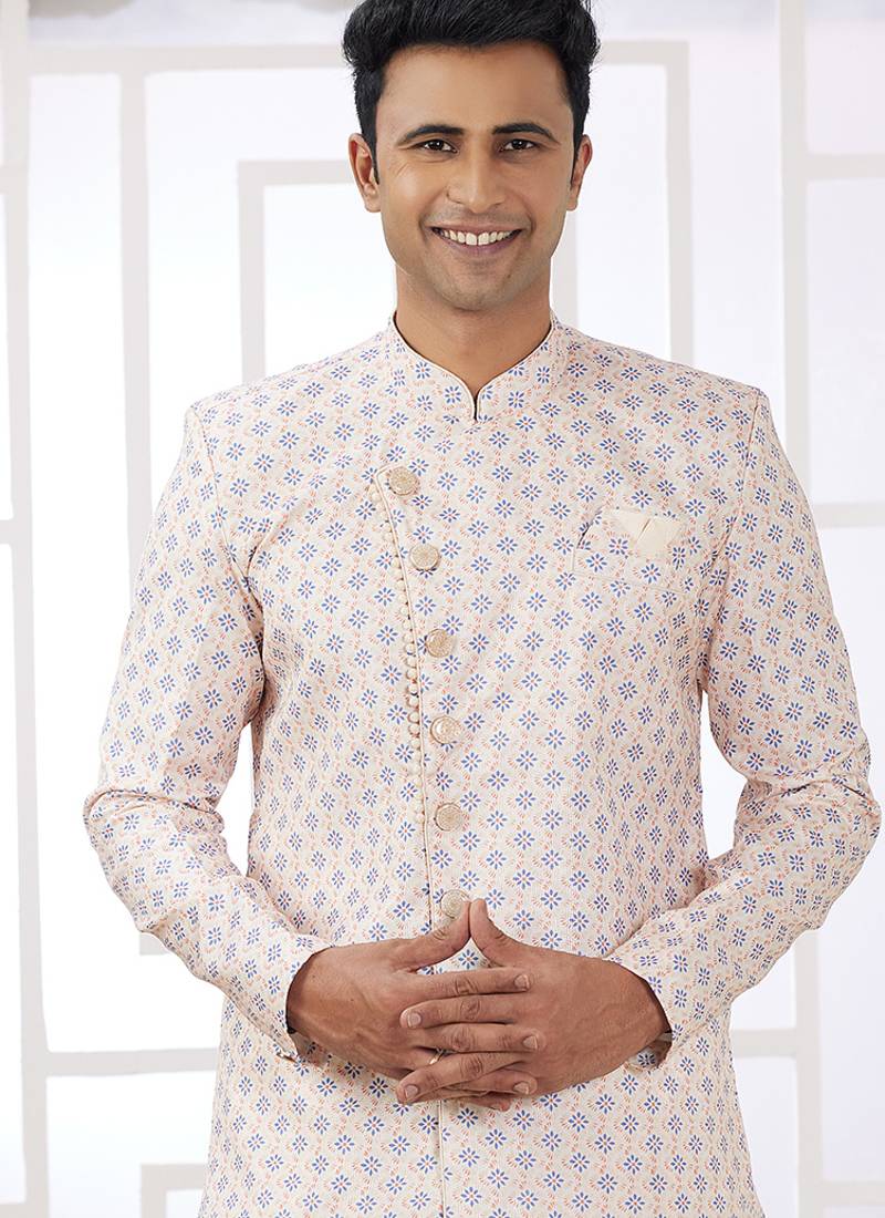 banarasi jacquard cream festival wear embroidery work readymade indo western