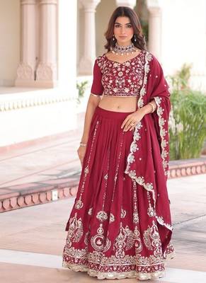 Maroon Vichitra Silk With Sequins Embroidered work lahenga choli and duptta 3