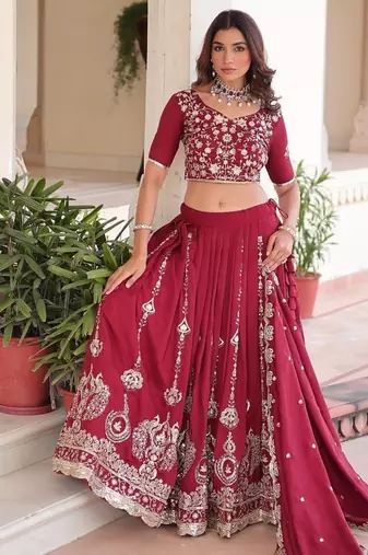 Maroon Vichitra Silk With Sequins Embroidered work lahenga choli and duptta