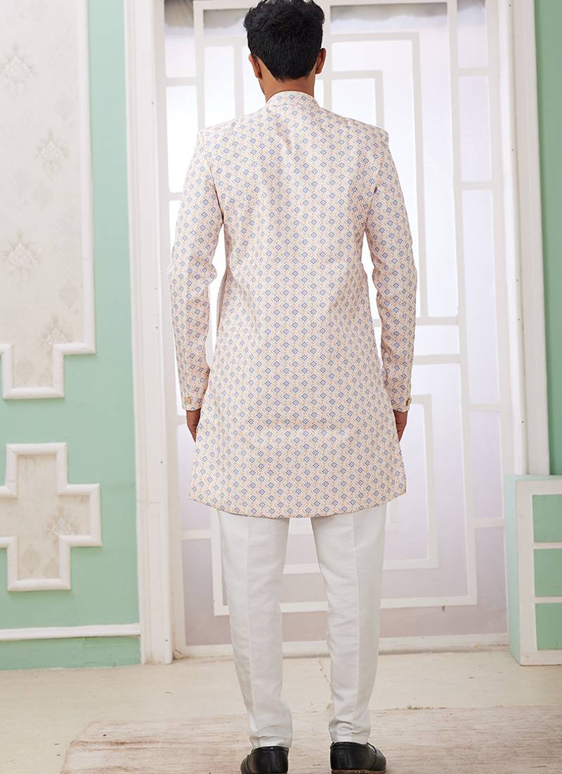 banarasi jacquard cream festival wear embroidery work readymade indo western