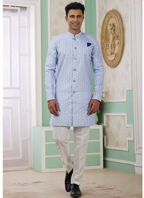banarasi jacquard sky blue festival wear embroidery work readymade indo western 1