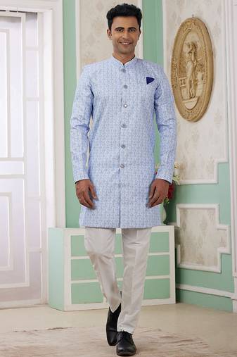 banarasi jacquard sky blue festival wear embroidery work readymade indo western