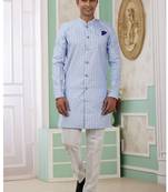 banarasi jacquard sky blue festival wear embroidery work readymade indo western