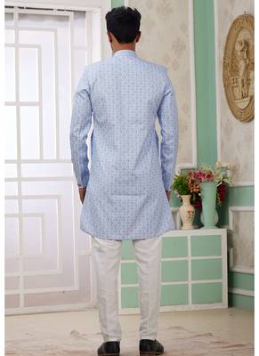 banarasi jacquard sky blue festival wear embroidery work readymade indo western 2