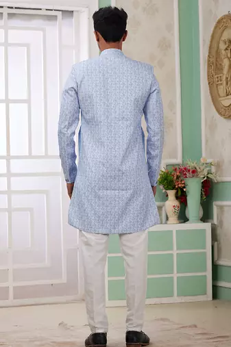 banarasi jacquard sky blue festival wear embroidery work readymade indo western