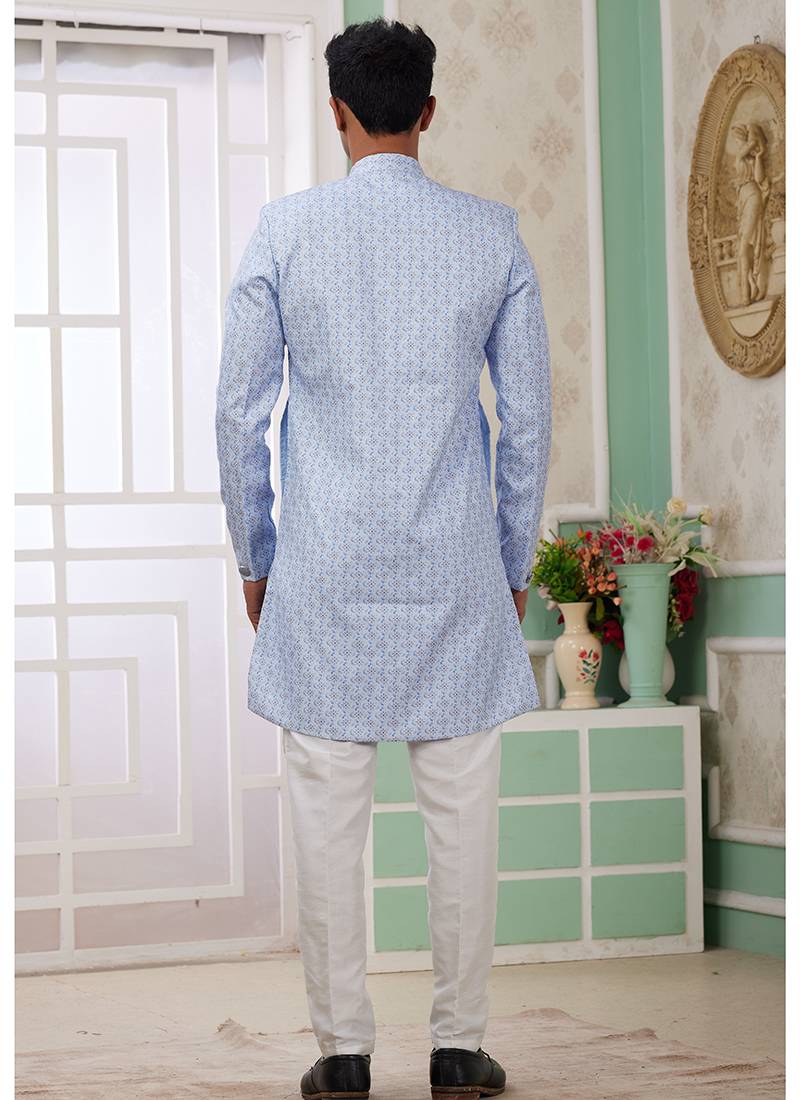 banarasi jacquard sky blue festival wear embroidery work readymade indo western