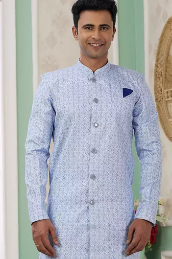 banarasi jacquard sky blue festival wear embroidery work readymade indo western