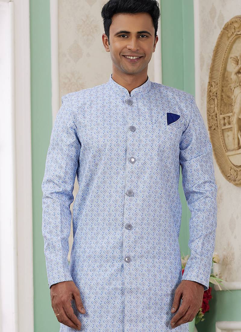 banarasi jacquard sky blue festival wear embroidery work readymade indo western