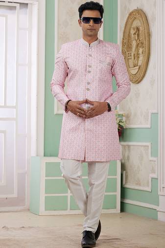 banarasi jacquard light pink festival wear embroidery work readymade indo western