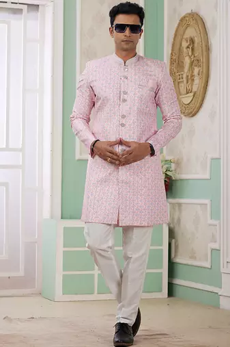 banarasi jacquard light pink festival wear embroidery work readymade indo western