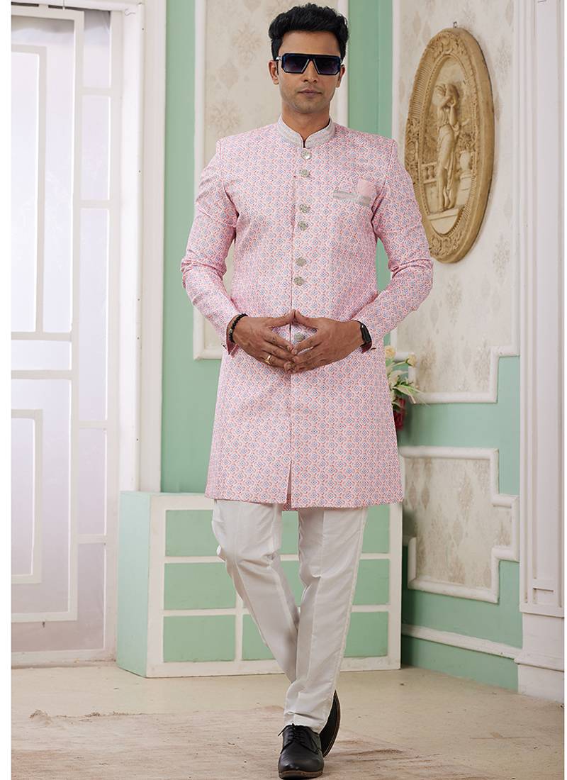 banarasi jacquard light pink festival wear embroidery work readymade indo western