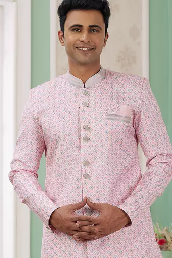 banarasi jacquard light pink festival wear embroidery work readymade indo western