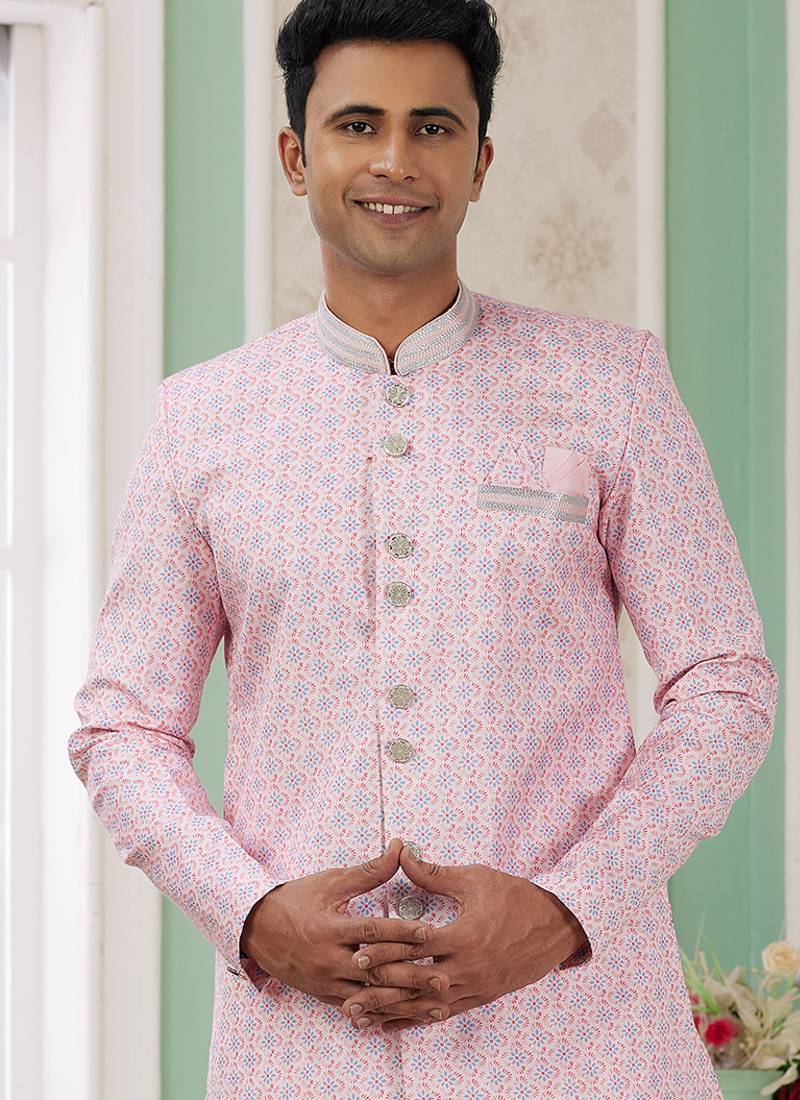 banarasi jacquard light pink festival wear embroidery work readymade indo western