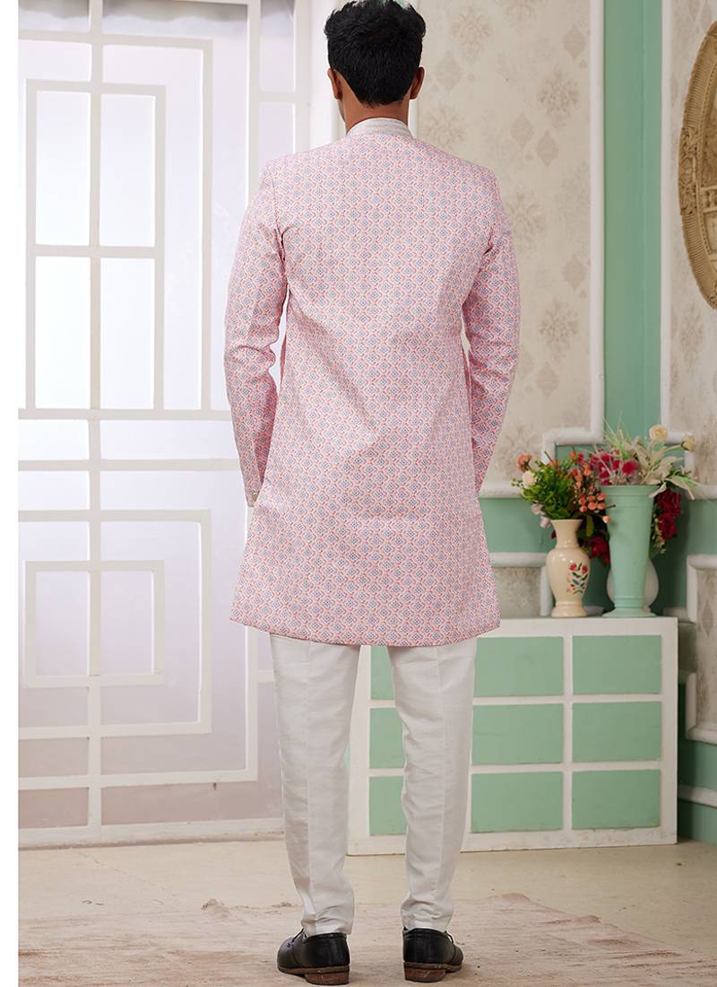 banarasi jacquard light pink festival wear embroidery work readymade indo western