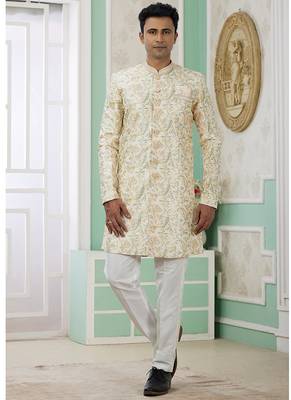 banarasi jacquard light yellow festival wear embroidery work readymade indo western 1