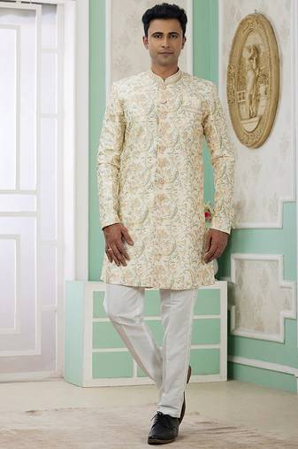 banarasi jacquard light yellow festival wear embroidery work readymade indo western