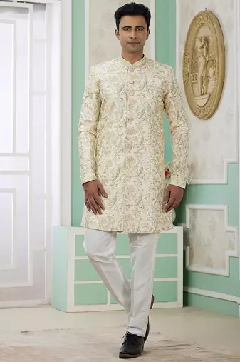 banarasi jacquard light yellow festival wear embroidery work readymade indo western