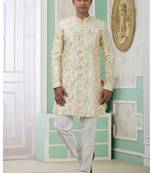 banarasi jacquard light yellow festival wear embroidery work readymade indo western