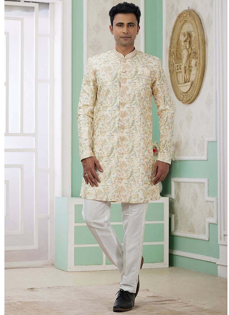 banarasi jacquard light yellow festival wear embroidery work readymade indo western