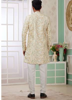 banarasi jacquard light yellow festival wear embroidery work readymade indo western 2