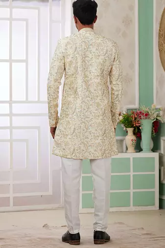banarasi jacquard light yellow festival wear embroidery work readymade indo western