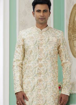 banarasi jacquard light yellow festival wear embroidery work readymade indo western 3