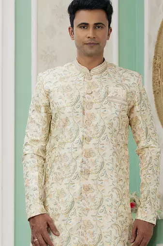 banarasi jacquard light yellow festival wear embroidery work readymade indo western