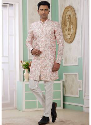 banarasi jacquard peach festival wear embroidery work readymade indo western 1