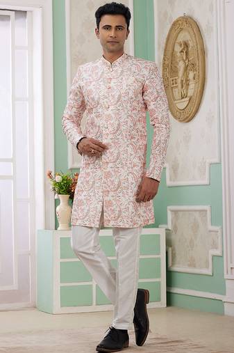 banarasi jacquard peach festival wear embroidery work readymade indo western