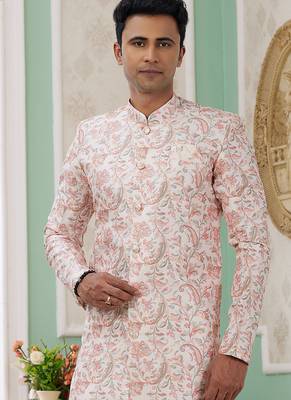 banarasi jacquard peach festival wear embroidery work readymade indo western 3