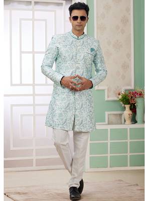 banarasi jacquard green festival wear pattern pc work readymade indo western 1