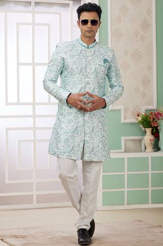 banarasi jacquard green festival wear pattern pc work readymade indo western